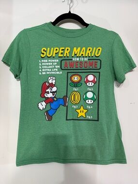 Nintendo Super Mario Green Graphic Tee with Colorful Power-Up Icons